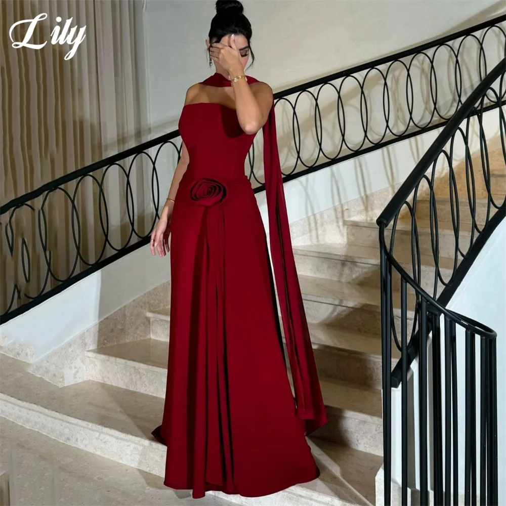 

Lily Burgundy Prom Dresses Strapless Sleeveless Evening Dress 3D Rose Accent Floor - Length Sophisticated Party Dress Customized