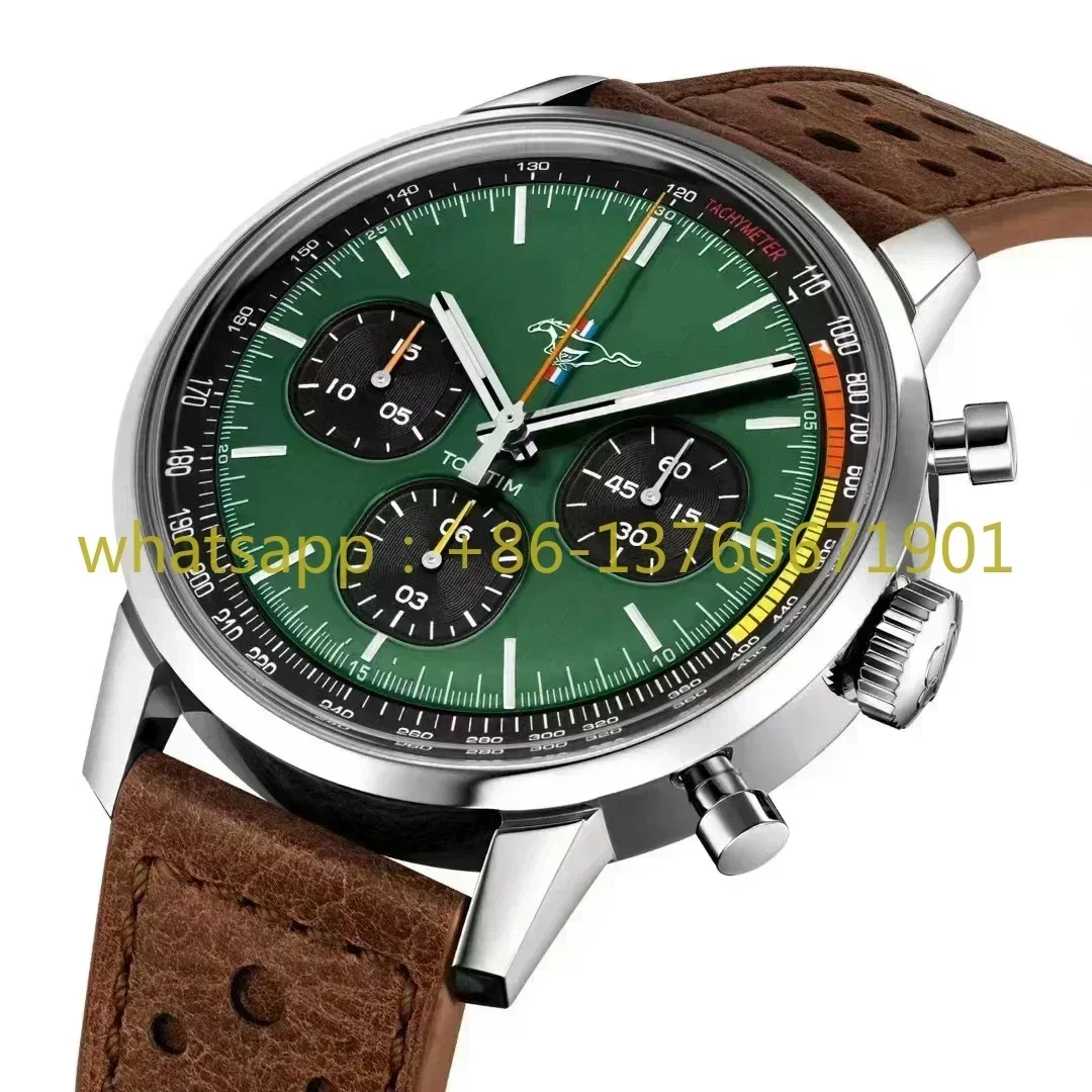 2023 Luxury New Mens Quartz Chronograph Watch Stainless Steel Brown Leather Sapphire Green Red Dial