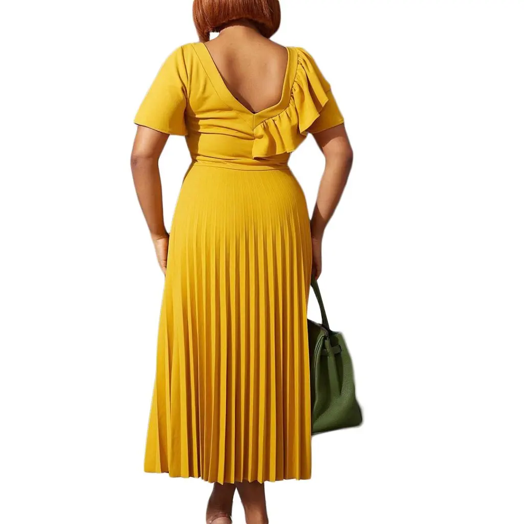 새로운 러플 반소매 비대칭 어깨 우아한 드레스 D3117 대형 사이즈 여성용 플리츠 유럽 및 미국 스타일