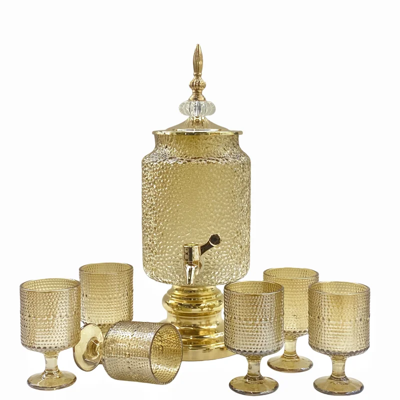 

Golden Hammer Glass Drink Dispenser with Metal Stand Faucet and Cup Set for Water and Soft Drink Decorative Food Containers