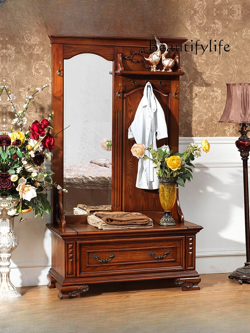 

Solid Wood Dressing Mirror Full-Body Floor Mirror Fitting European-Style Hallway Clothing Cabinet Shoe Changing Stool