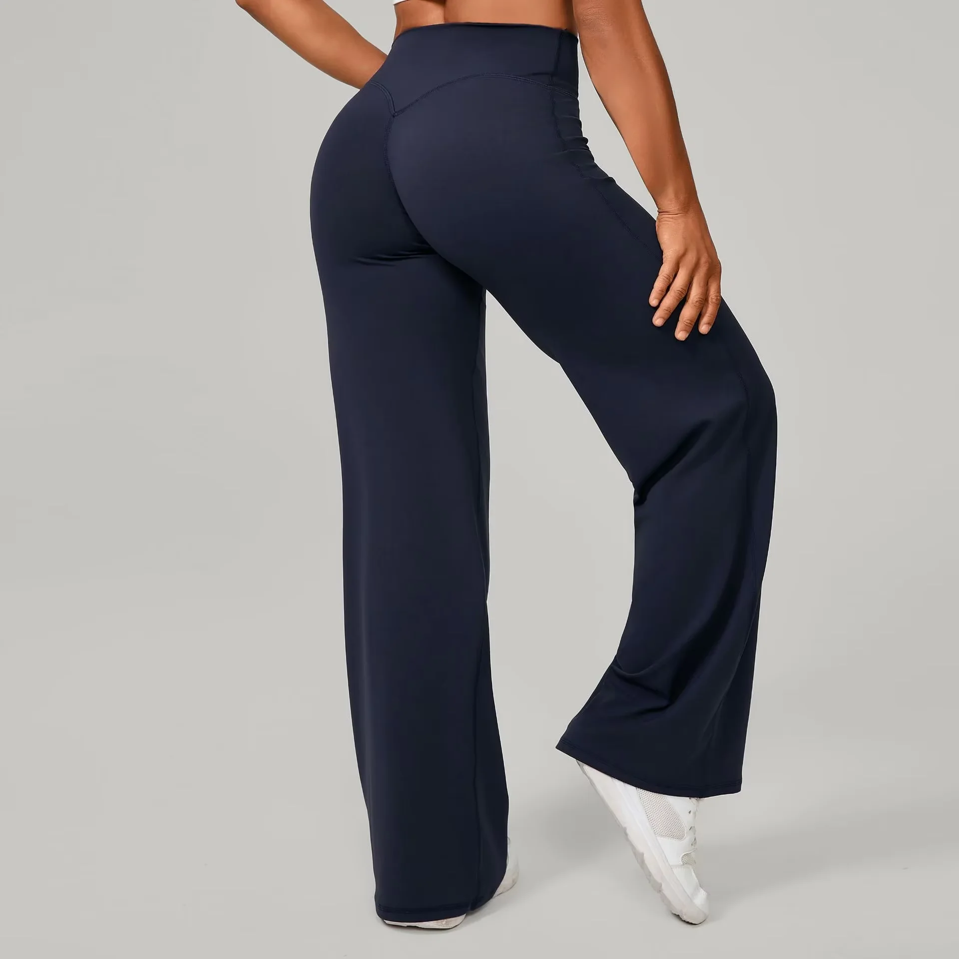 Pilates Straight Yoga Pants Joker Logo High Waist Elastic Closure Solid Pattern Flare Leg Style for Running Exercise Fitness