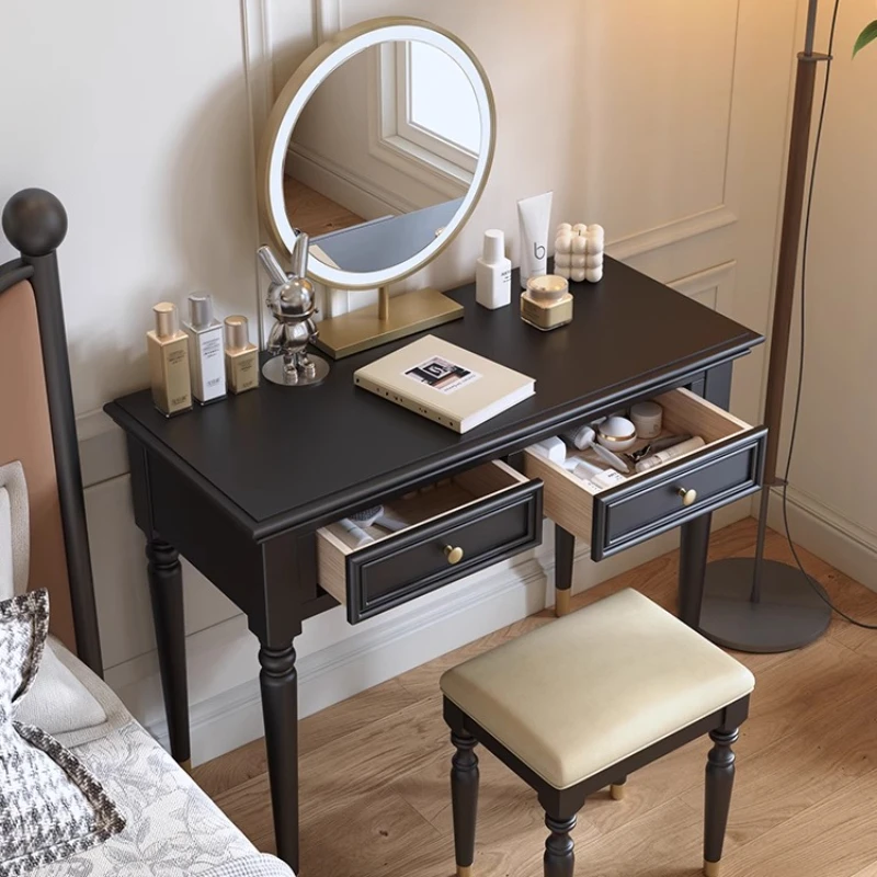 

Retro dresser bedroom French style, small solid wood master bedroom 80cm black bedside makeup table, chest integrated new model
