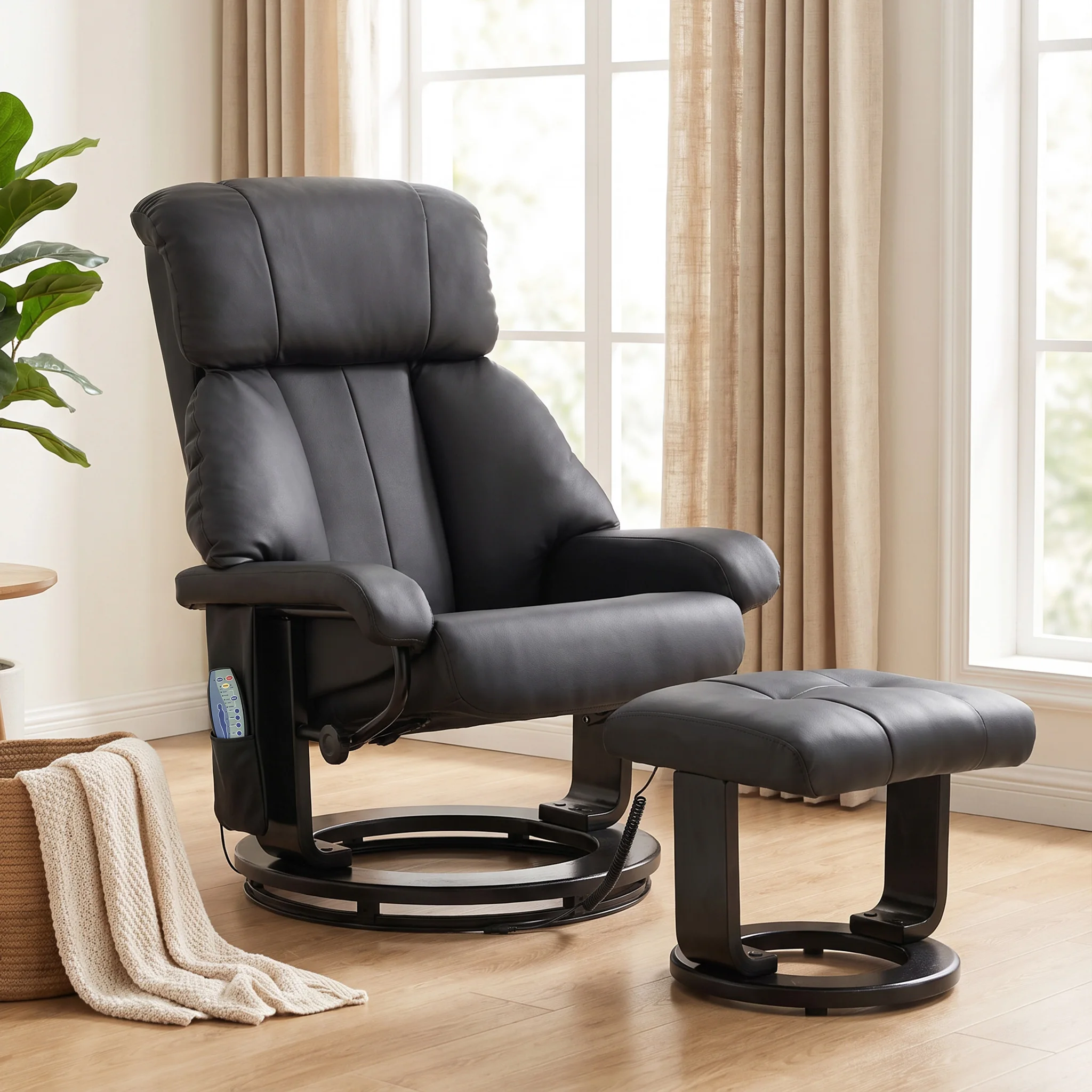 HOMCOM Massage Recliner Chair with Ottoman, 360° Swivel Recliner and Footstool, 10-Point Vibration, PU Leather Reclining Chair with Remote Control, Black