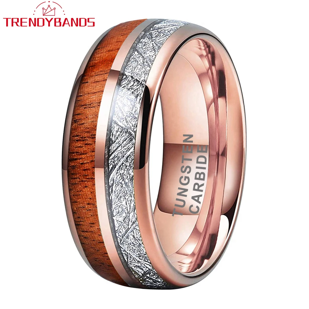 8mm Rose Color Tungsten Carbide Engagement Rings Wedding Band for Women Men Fashion Jewelry Wood Meteorite Inlay Polished Shiny