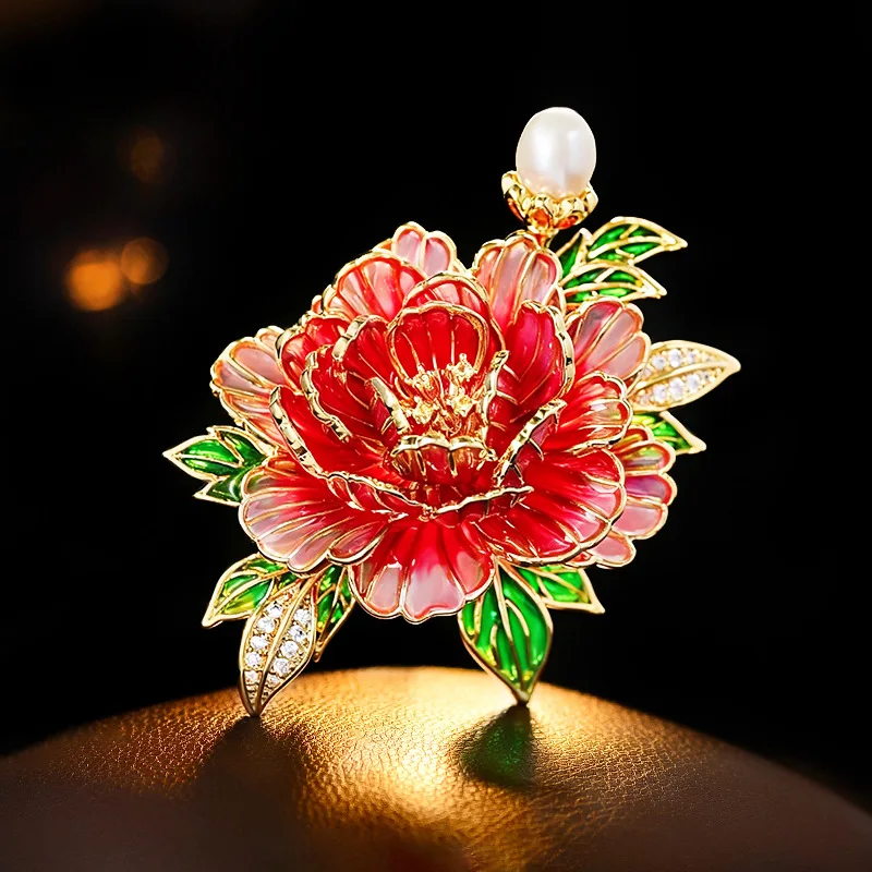 China-Chic Rich Peony Brooch Multi-layer Three-dimensional Enamel Cubic Zirconia Petals Freshwater Pearl Corsage Pin for Women