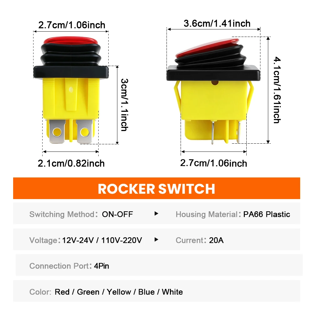 FILN 5PCS 20A Rocker Switch KCD4 4 Pin DPST Waterproof Heavy Duty 12V 220V LED Lighted for Coffee Machine RV Boat PA66