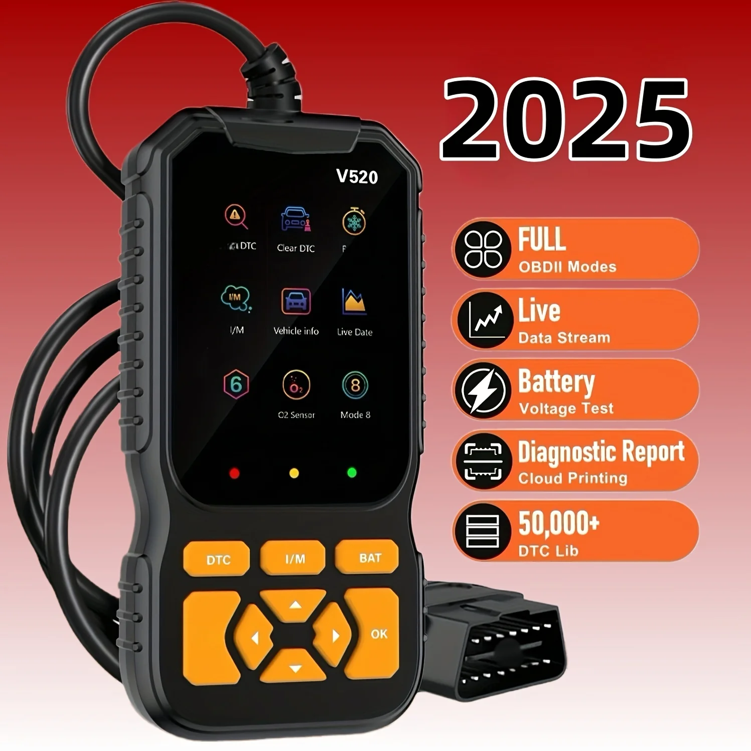 2025 Advanced Obdii/Eobd Car Diagnostic Scanner, Fully Supports Obd2 Functions, Enhanced Engine Fault Code Reading and Reset, Fast Obd2 Code Reader with Real-Time Data Stream, 35901 Dtc Library, Includes Battery Voltage Detection