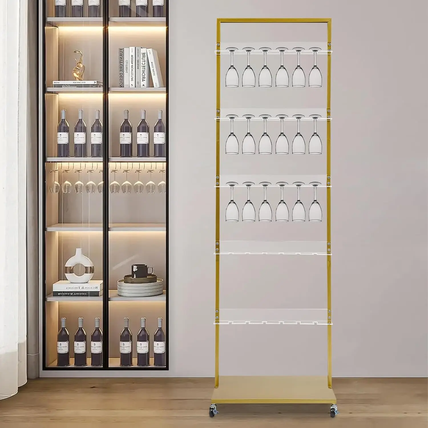 Champagne Wall Holder 5Tier Metal Champagne Flutes Display Stand Hold 30 Glasses Swivel Wheels Mobile Wine Glass Stemware Rack C