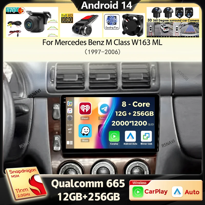 Android 14 Carplay Car Radio For Mercedes Benz M Class W163 ML 1997-2006 Navigation GPS Multimedia Video Player 4G+WIFI Stereo