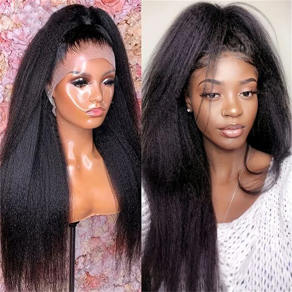 

26Inch Long Soft Natural Black Kinky Straight 180Density Glueless Deep Lace Front Wig For Women With Baby Hair Preplucked Daily