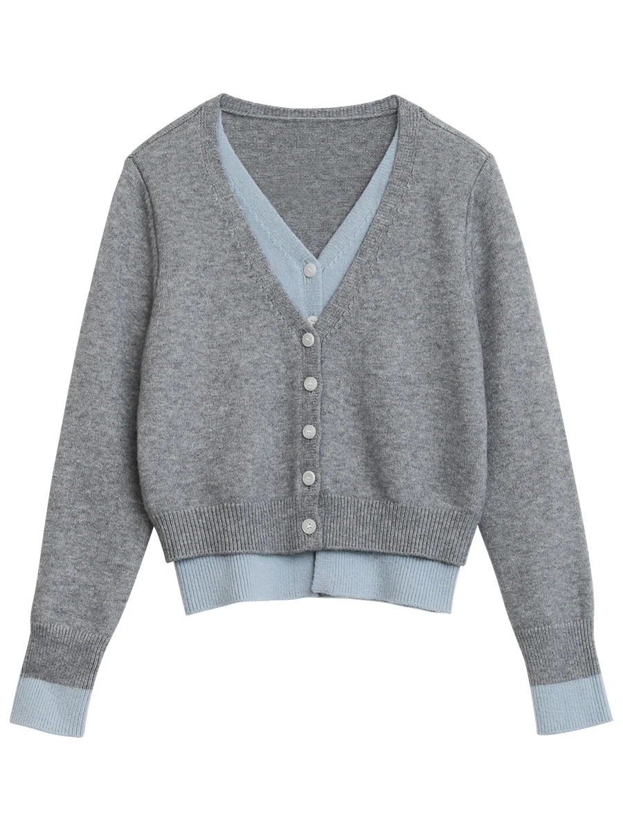 شيك فين سترة نسائية عادية الخامس الرقبة واحدة الصدر التباين الإناث محبوك البلوزات طويلة الأكمام لاعبا ربيع الخريف