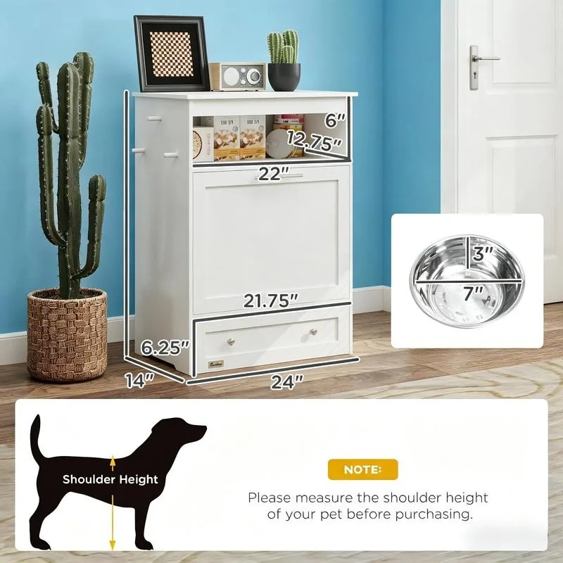 Pet Feeder Station Storage Cabinet, Dog Food Storage Container with Dog Raised Bowls