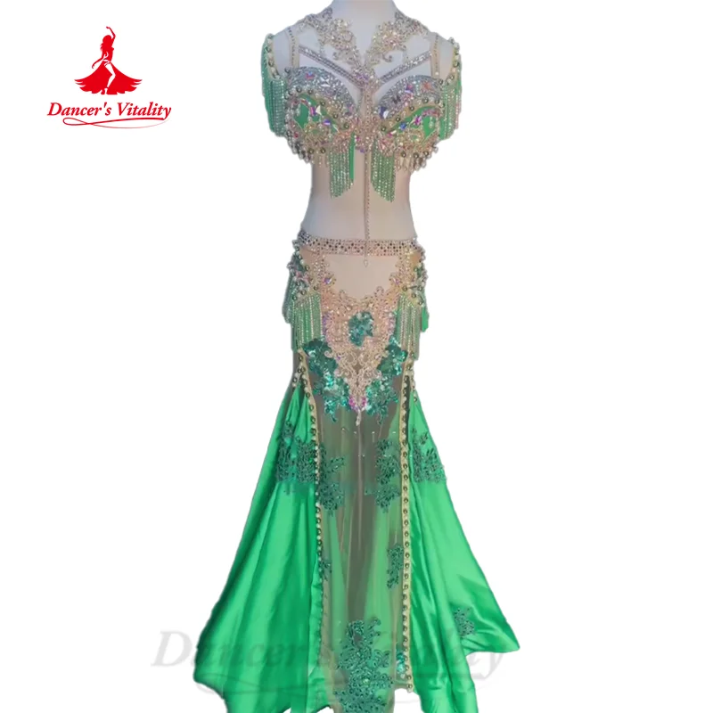 BellyDance Set Customized Senior AB Stones Fringe Bra+luxury Rhinestone Satin Long Skirt 2pcs Oriental Dance Performance Costume