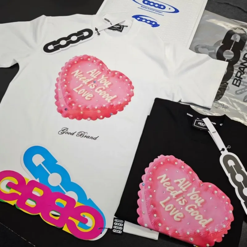 Pink Heart-shaped Cake Foam Rhinestone Short Sleeve Breathable Cotton GOODBRAND Tshirts Summer Men Women Tops Streetwear