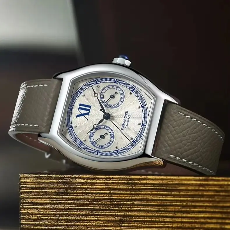 

FARASUTE мужские кварцевые часы 36 мм * 44 мм винтажный корпус Tonneau наручные часы с сапфировым эмалевым циферблатом VH64 двойной календарь недели дата