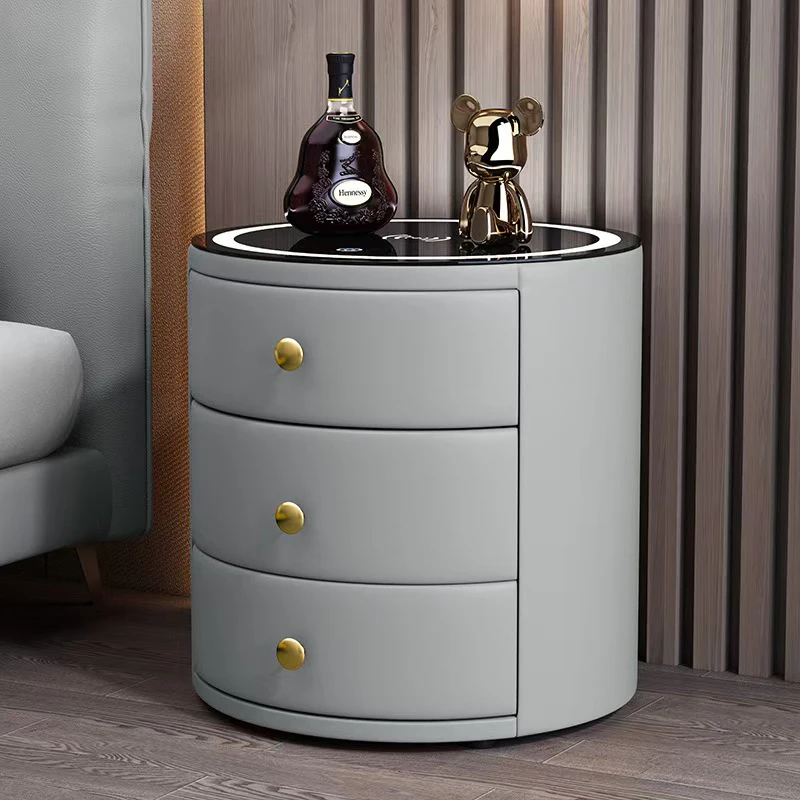 

Modern Round Shape Nightstand Solid Wooden Bedside Smart Coffee Table with Wireless Charger Bluetooth Speaker for Bedroom Home