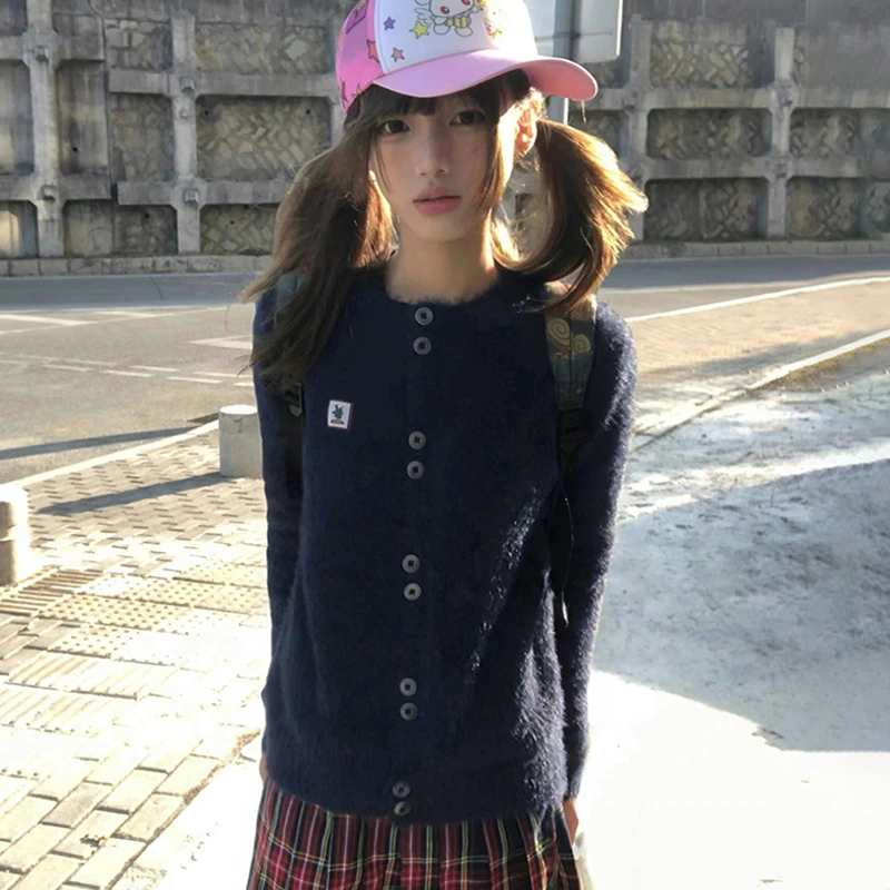 Karrram اليابانية Y2k فروي سترة 2000s نمط محبوك معطف الفرو خمر Harajuku الأزرق الداكن سميكة تريكو الكورية موضة 90s