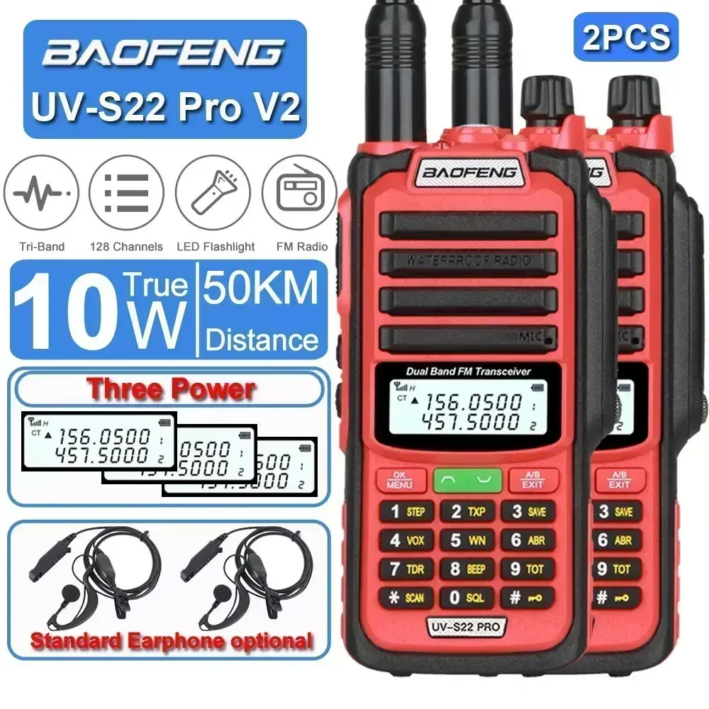 

2PCS Baofeng High Power IP68 Waterproof Walkie Talkie Type-C Powered UHF VHF Programming Cable Long Range FM Radio UV-S22 Pro V2