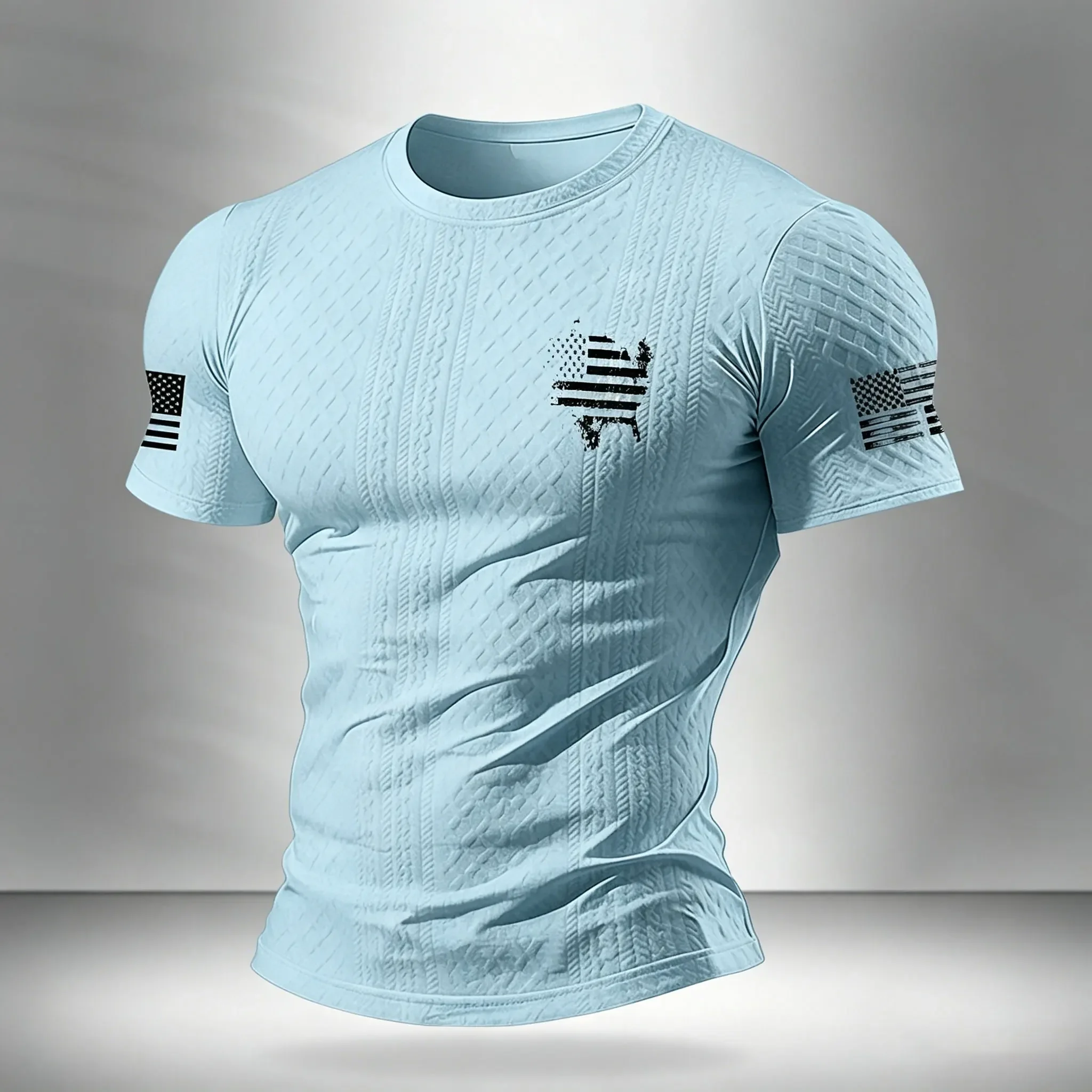 Herren-Kompressions-T-Shirt mit Strukturierter Amerika-Flaggenkarte, Schnelltrocknend, Kurzarm, für Fitness und Sport – Detail 4