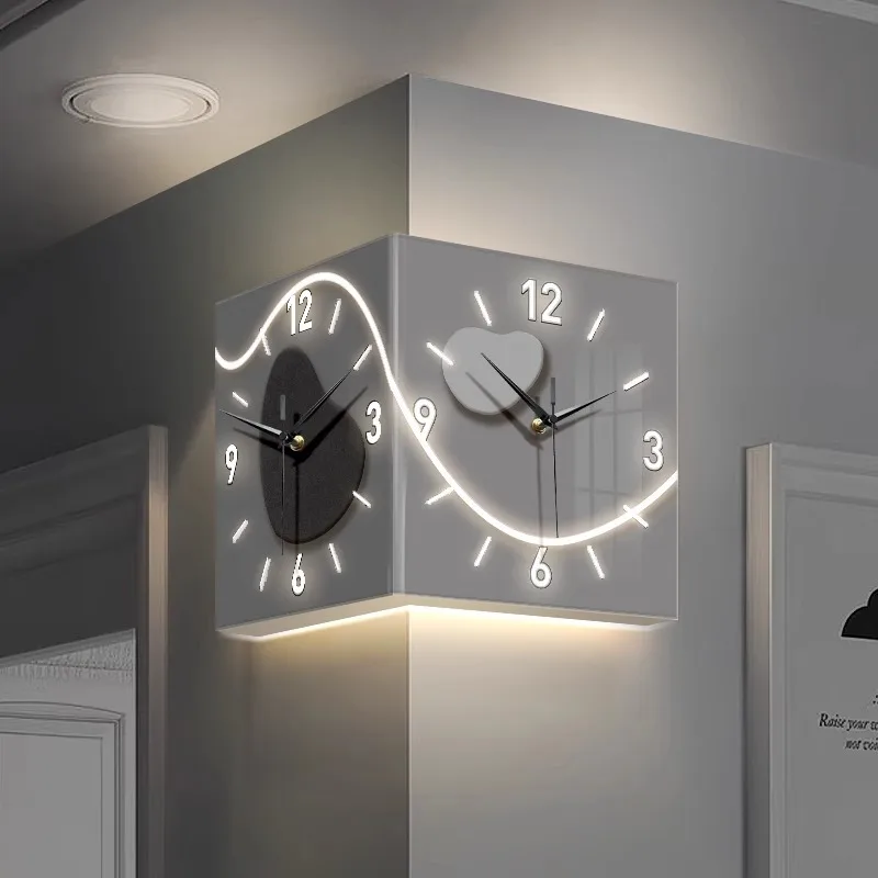 Time comes and goes, wall clock, living room advanced sense, no punching, corner double-sided creative clock led light wall