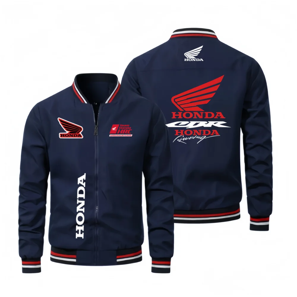 

Honda HRC Red Wing Graphic Bomber Jacket Men Full Zip Stand Collar Motorcycle Racing Windproof Casual Baseball Coat