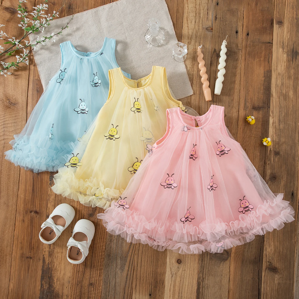 9 Months - 4 Years Summer New Arrival Cute Cartoon Bee Print Baby Girl Dress Fairy Princess Dress Birthday Party Clothes Gift