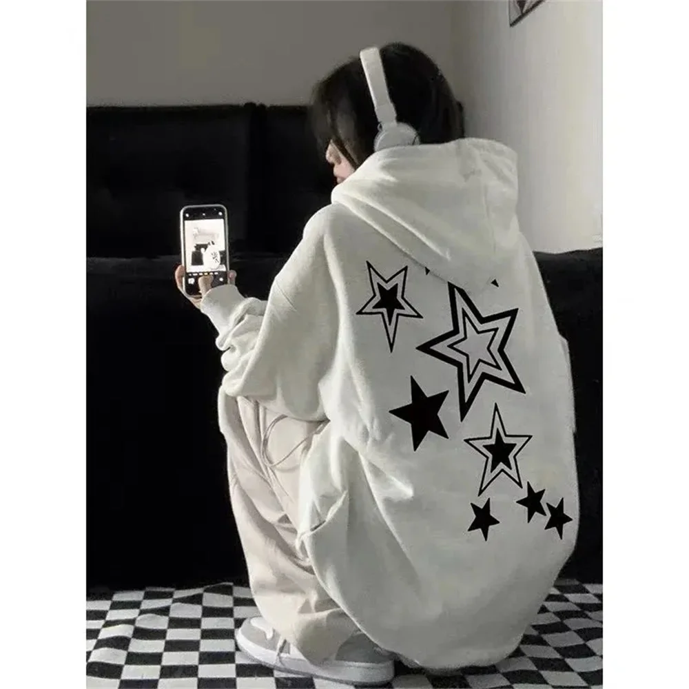 Harajuku Stars Print Loose Hoodies Women High Street Oversized Y2K Grunge Sweatshirt Emo Casual E-girls Autumn Winter Cute Tops