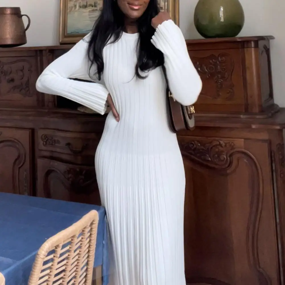 빈티지 타이 허리 드레스 여성 우아한 리브 니트 풀 슬리브 맥시 드레스 크루 넥 Bodycon 연필 롱 드레스 streetwear