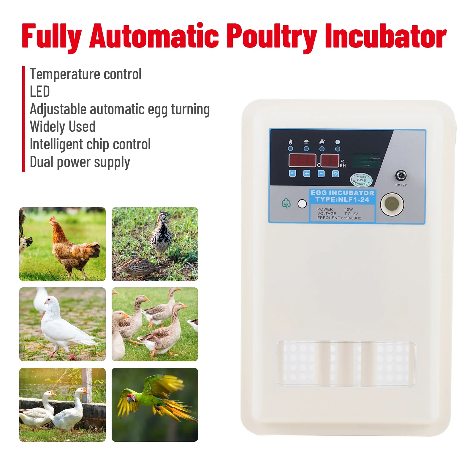 24 Egg Incubator with LED Data Display, Automatic Control of Temperature and Humidity, Egg Candler, for Hatching Chickens