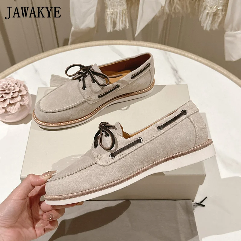 Autumn Brand Women's Flat Shoes Cow Suede Lace Up Loafers Shoes Designer Casual Party Vacation Shoes Lovers Walking Shoes Women