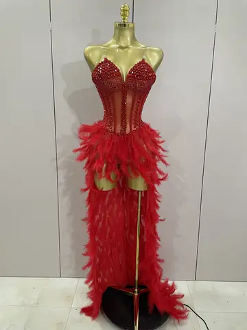Luxury Sparkly Rhinestones Feathers Long Tail Dress Sexy Mesh Transparent Stage Bodysuit Evening Party Celebrate Birthday Dress