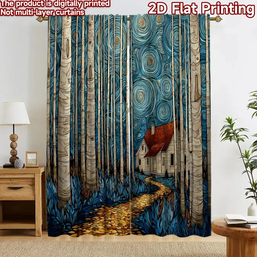 Digital Print Forest Scene Curtain 2pcs Blue Cottage Style Nature Art Curtains for Living Room Window Decoration