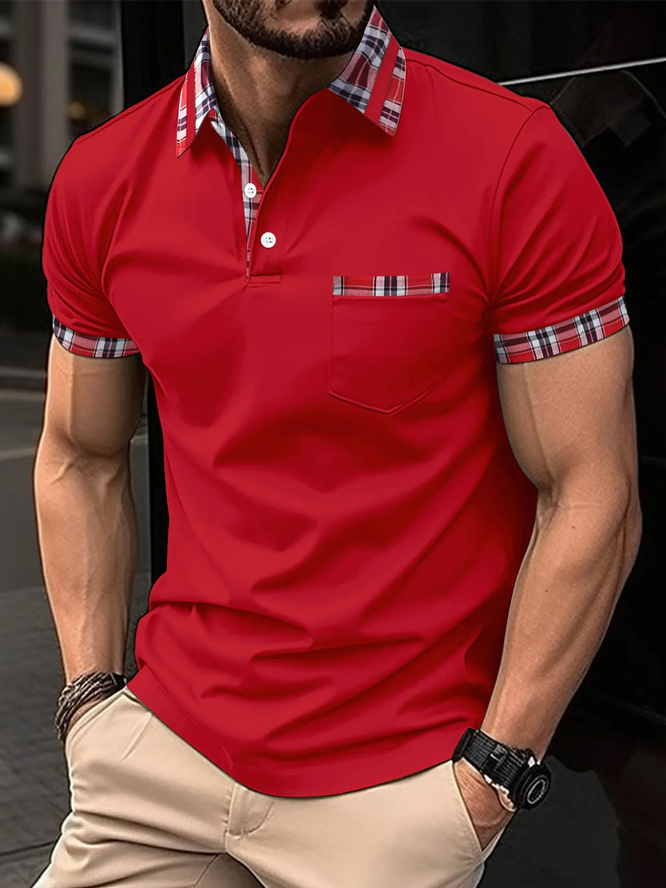 2024 Men\'s fashion color contrast lapel short-sleeved polo shirt, simple and slim