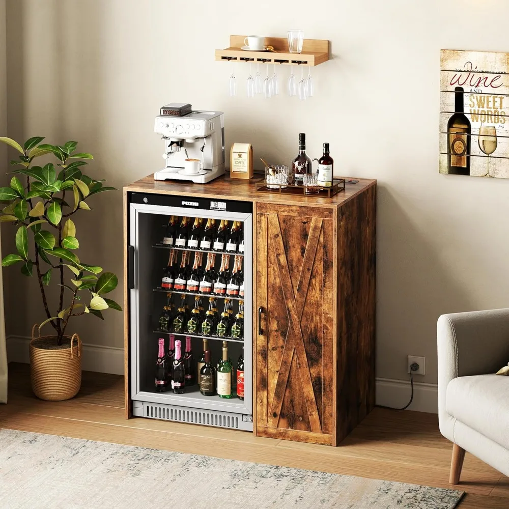 

Mini Fridge Cabinet with Storage, Coffee Bar Cabinet with Power Outlet, Fits 24 Wine Fridge, 3-Tier Organizer, Refrigerator Stan