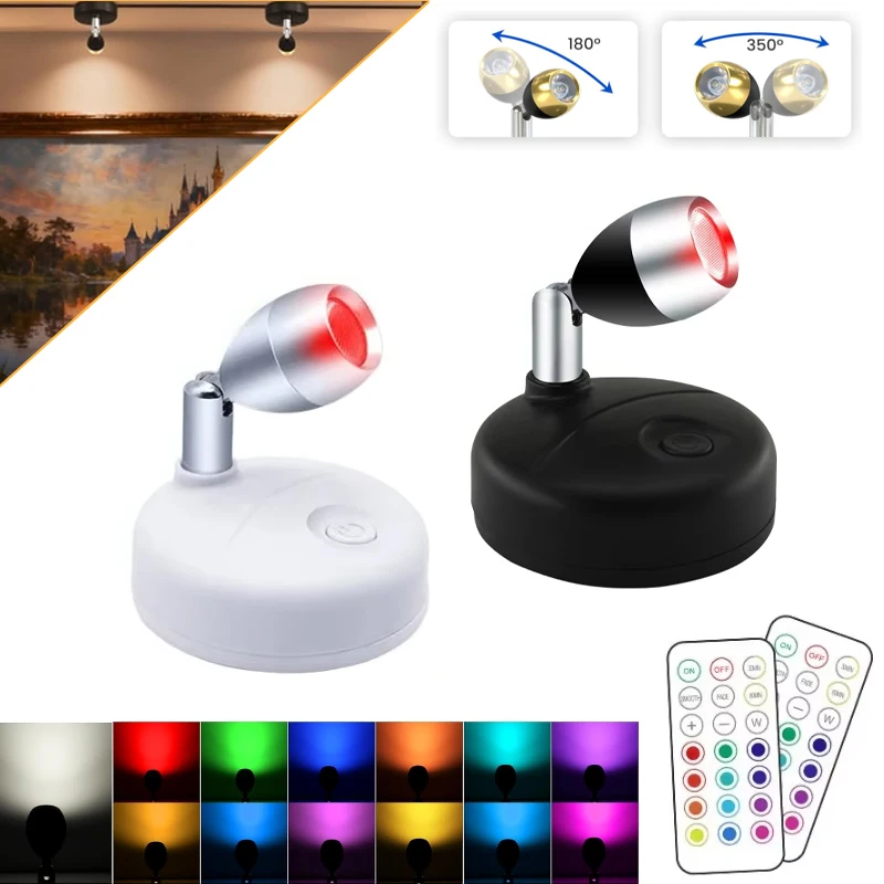 

Светодиодный RGB-светильник с пультом дистанционного управления, поворотный потолочный светильник, работающий от батареек, для витрин, прилавков, шкафов, полок
