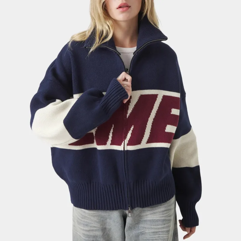 

Knitted Sweater With Letter Pattern Unisex Long Sleeve High Street Loose Sweater Fashionable Comfortable Loose Zipper Cardigan
