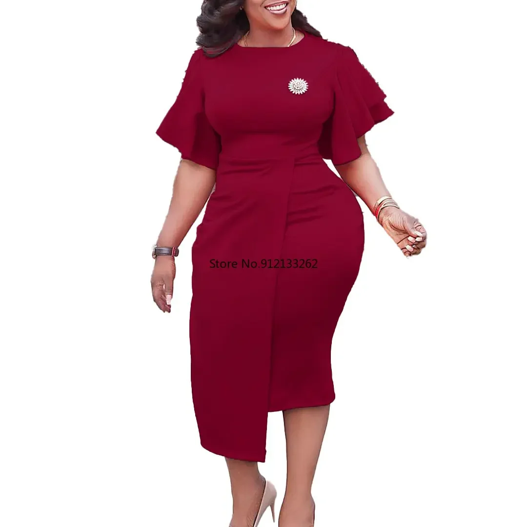 Vestidos de escritório feminino com babados de cintura alta, modelos magros de deslocamento, gola redonda, monocromática, plus size, novo, verão