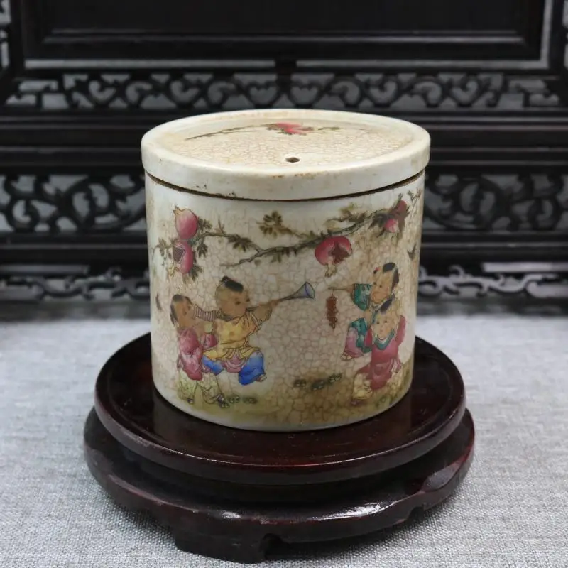 Chinese Famille Rose Porcelain Jar Pomegranate Kids Pattern Cricket Pot 4.13