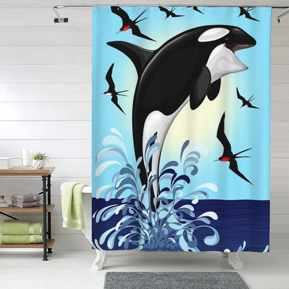 

Orca Killer Whale Jumping Out The Ocean Shower Curtain Bathroom Polyester Waterproof Bath Curtains with Hooks