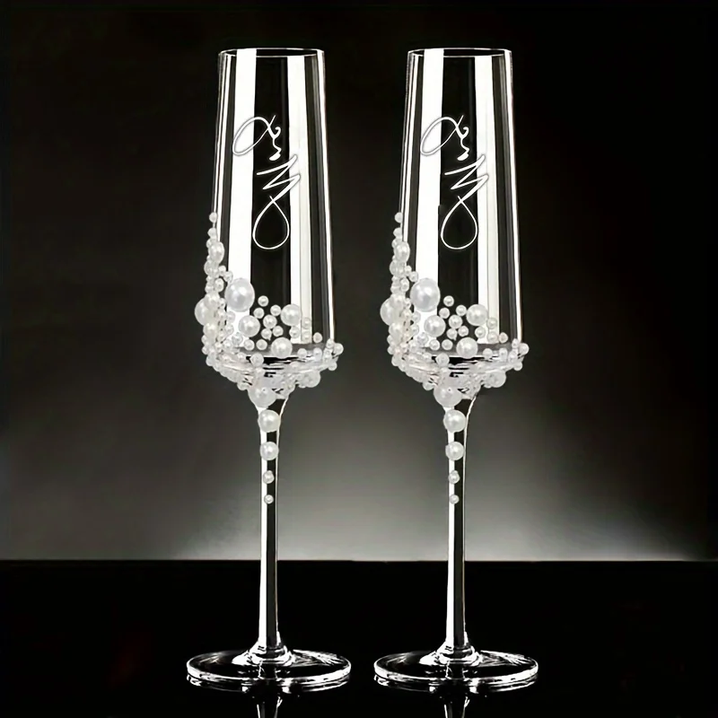 2pcs Elegant Pearl Crystal Champagne Glasses ，Handcrafted Clear Glassware for Weddings with Cursive Script Design