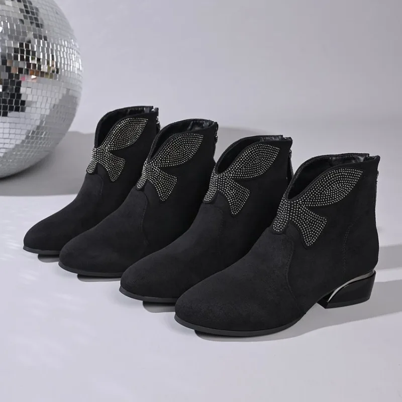 Suede Square Toe Mid Heels Shoes Women Desigenr Chunky Loafers Trend Fashion Boots Elegant Pumps Dress New Mujer De Zapatillas