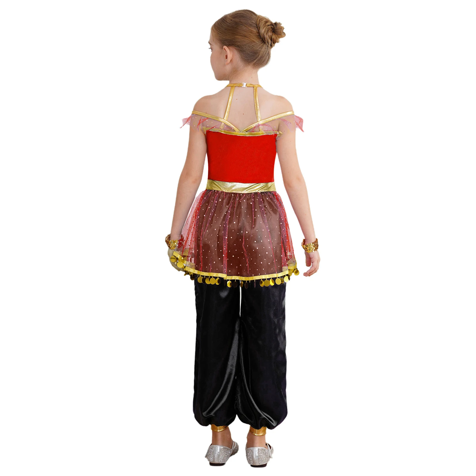 Girls One Piece Arabian Princess Cosplay Costume Sleeveless Tulle Sequins Bodysuit with Wrist Band Halloween Belly Dance Outfits