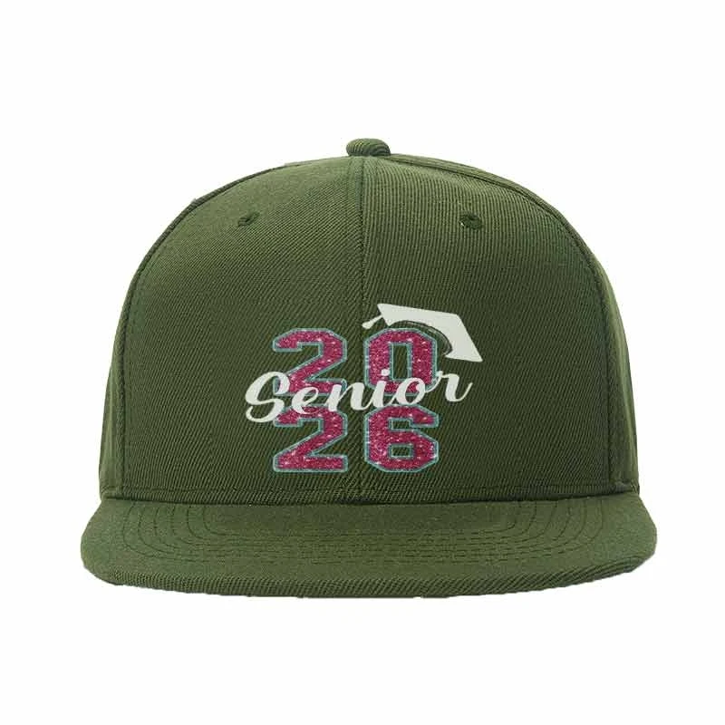 Men Women Unisex Flat Brim Snapback Cap Senior 2026 Graduation Cap Glitter Text Graphic Hat Cute Adjustable Breathable