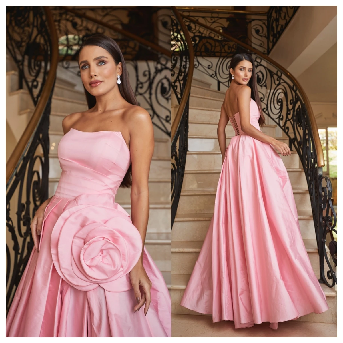 

Customized Fashion Pink Jersey Evening Dress Strapless Sleeveless Bespoke Occasion Gowns Celebrity Gowns Flowers Lace Up Back