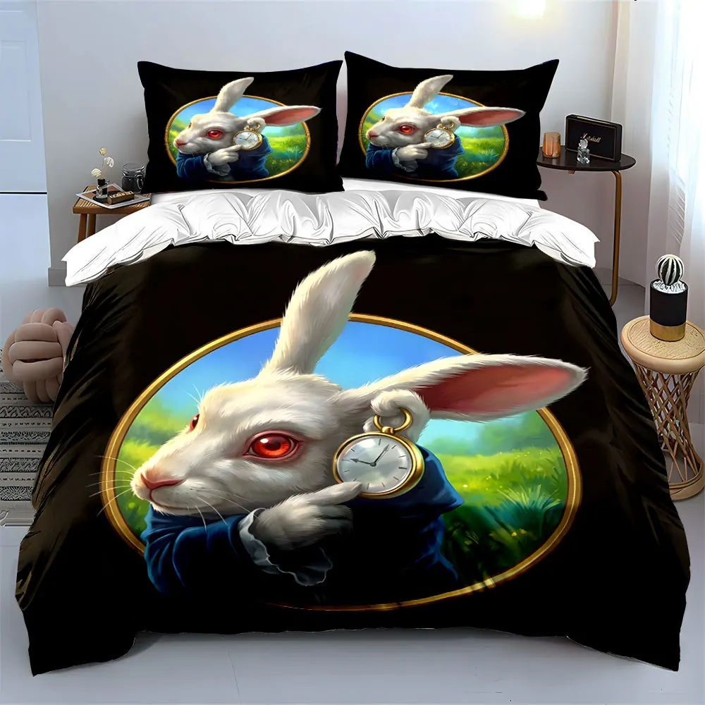 White rabbit holding pocket watch Print Bedding Set 1 Duvet Cover 2 Pillowcases for Adult and Children Luxury Gift Full Size