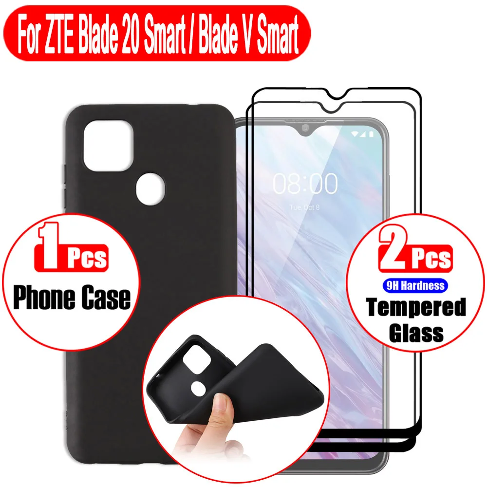 Funda para ZTE Blade 20 Smart/V Smart, juego 3 en 1 (funda de 1 Uds + 2 protectores de pantalla) película de impresión de borde negro, antihuellas