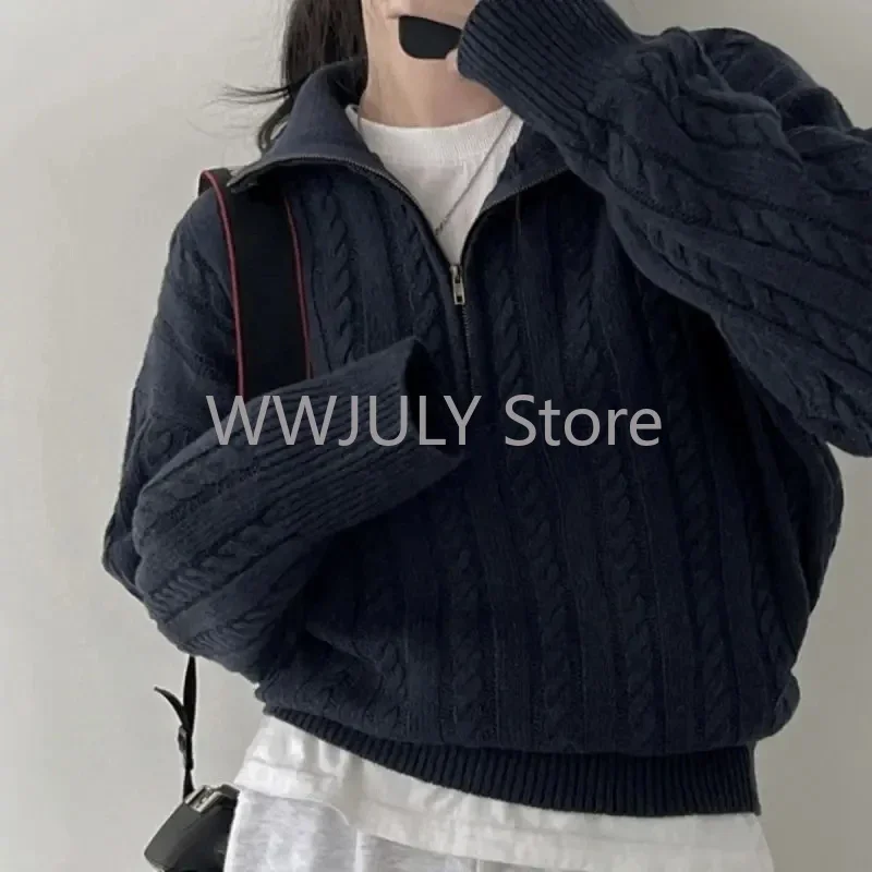 2024 Korean Fashion Half Zipper Sweaters Women Vintage Twisted Knitted Crop Pullover Casual Sueter Mujer Long Sleeve Tops