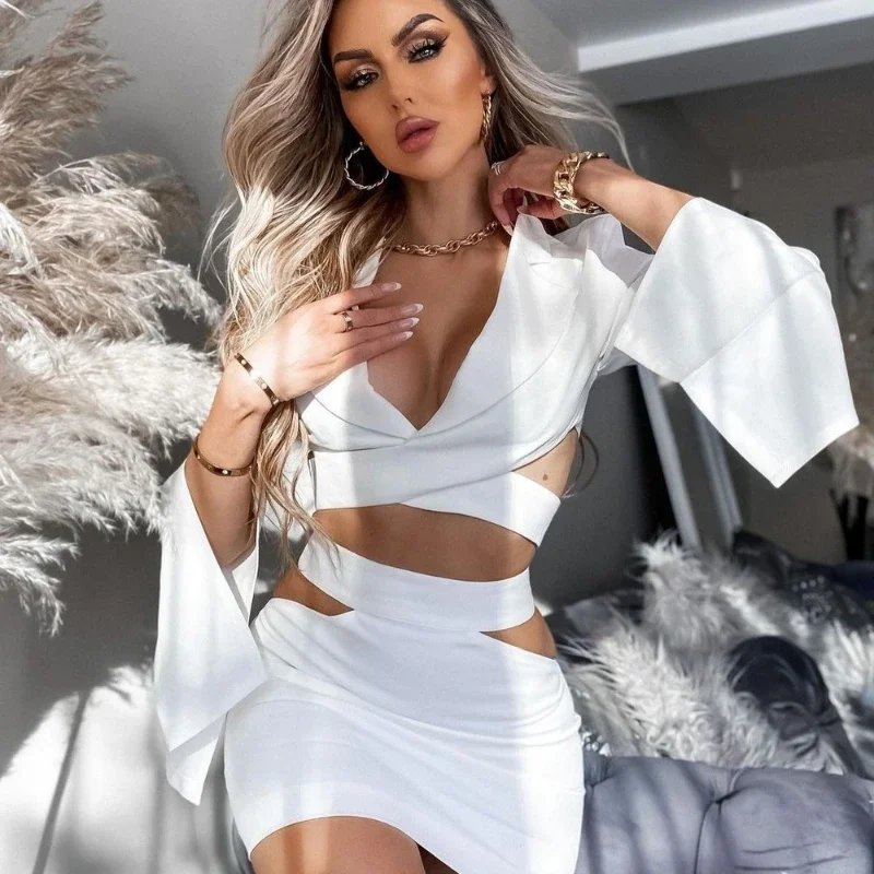 2024 Fashion Sexy Notched Collar Hollow Out Jacket Office Ladies Slim Chic Long Sleeve White Blazer Skirt Set Women Outfits