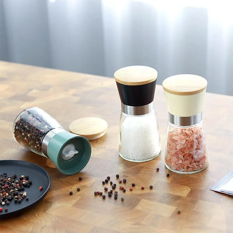 PP Manual Salt Pepper Grinder,Standard Food Grade ABS Pepper Mill,With Wood Lid,Adjustable Thickness Ceramic Core,Spice Shakers